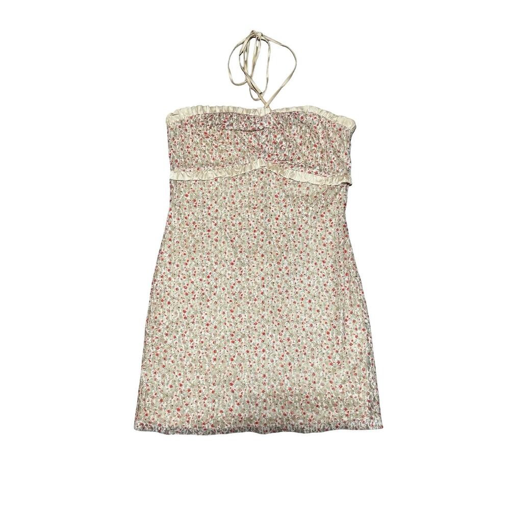 Blue Blush Floral Halter Mini Dress Tie Neck Size Medium